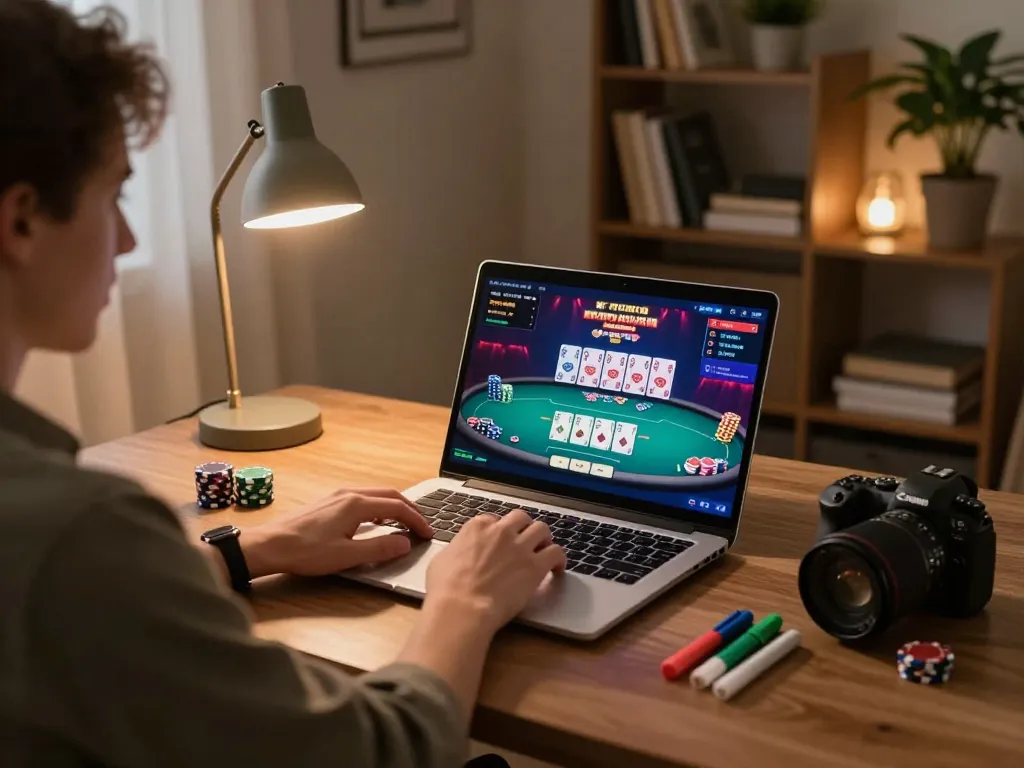 Người chơi LUCK8 tham gia chiến lược poker trực tuyến với laptop và ghi chú trong không gian ấm cúng tại nhà.