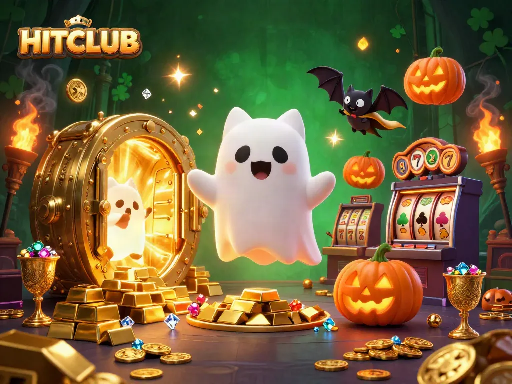 Play at HITCLUB's haunted casino with friendly ghost cat and golden treasures in a captivating scene.