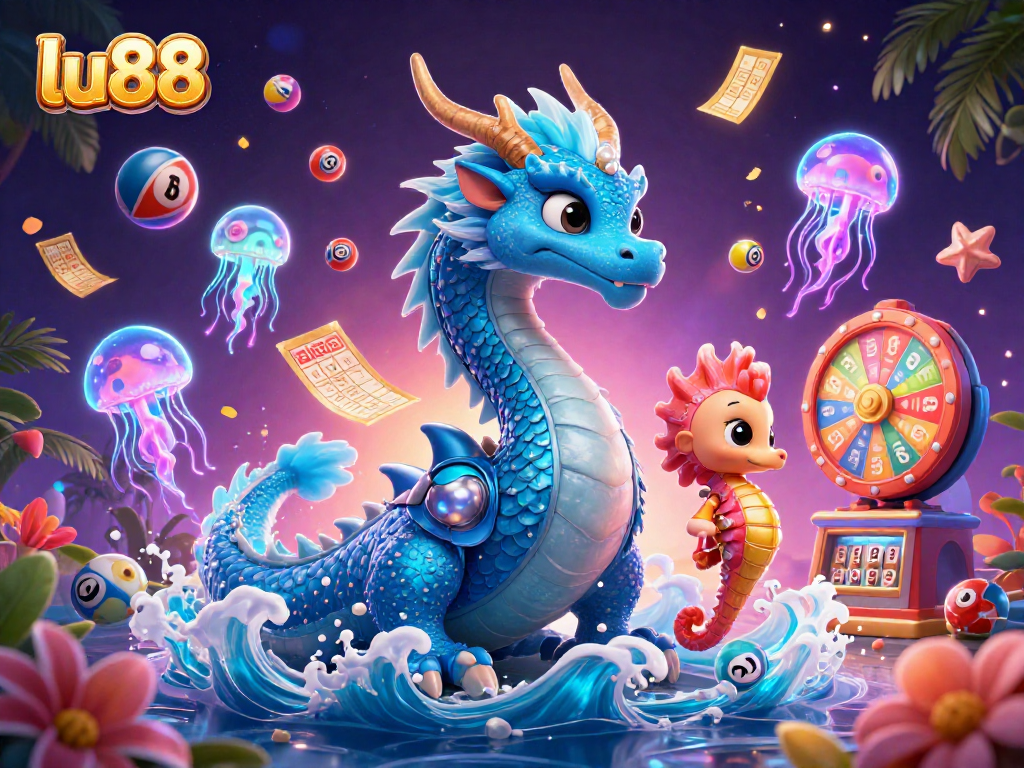 Experience thrilling moments at lu88 with a magical dragon, coral knight, and vibrant lottery elements.