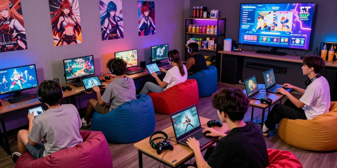 Engaging gaming lounge filled with players enjoying free hentai games on various devices, showcasing a vibrant atmosphere.