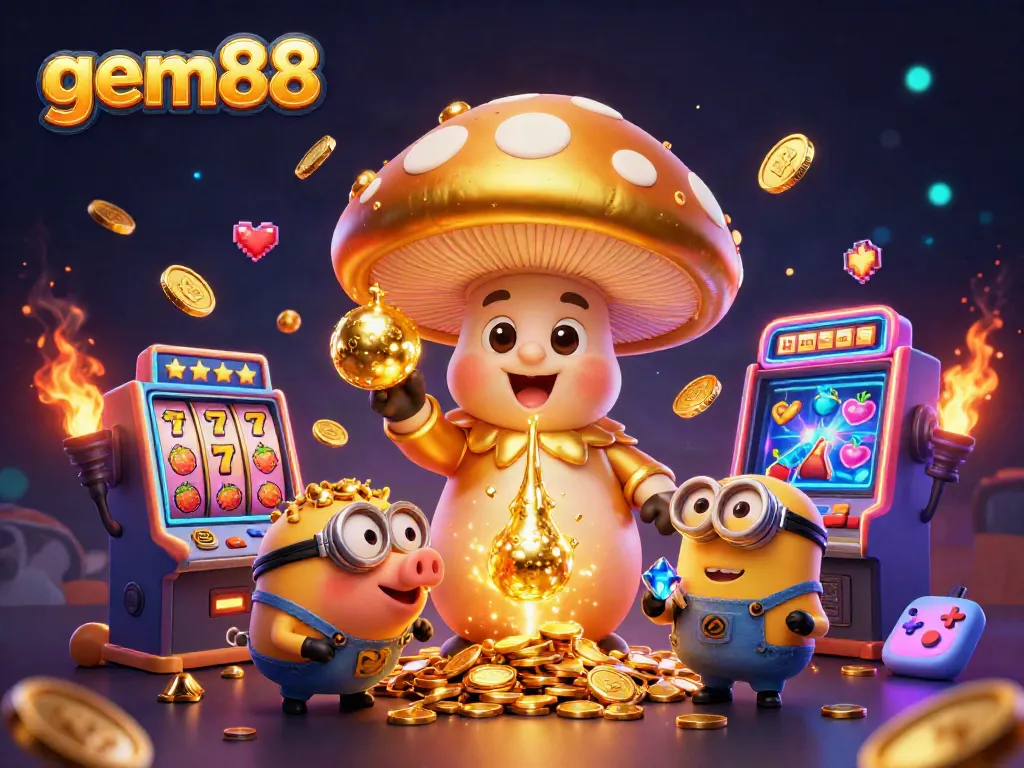 Experience thrilling gaming with gem88 featuring gold magical elements, slot machines, and lively characters.