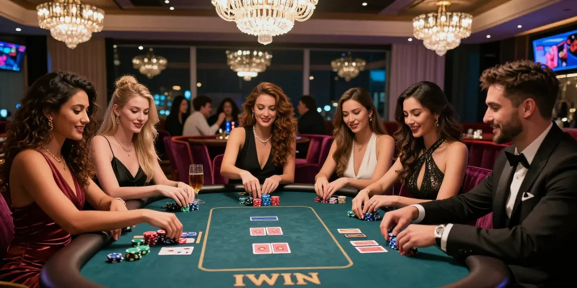 Engaging group at IWIN casino table with vibrant chips and elegant decor.