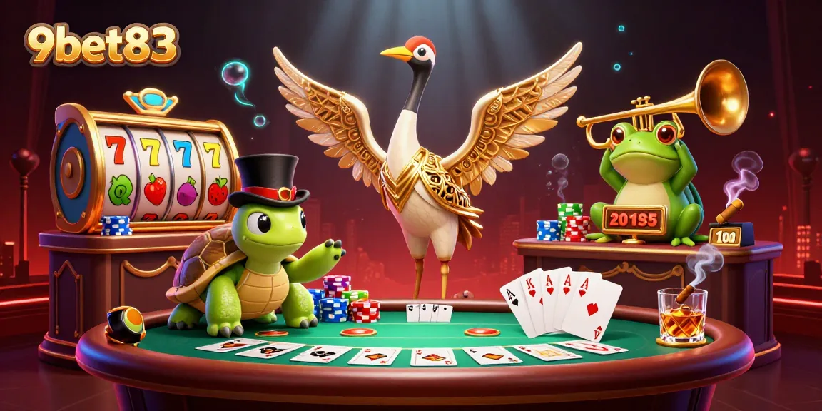 Play slots and win at 9bet83 with vibrant characters in a dynamic casino scene.