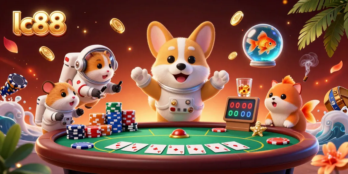 Experience excitement with lc88 in a vibrant space station casino scene, featuring a floating astronaut corgi and colorful poker chips.