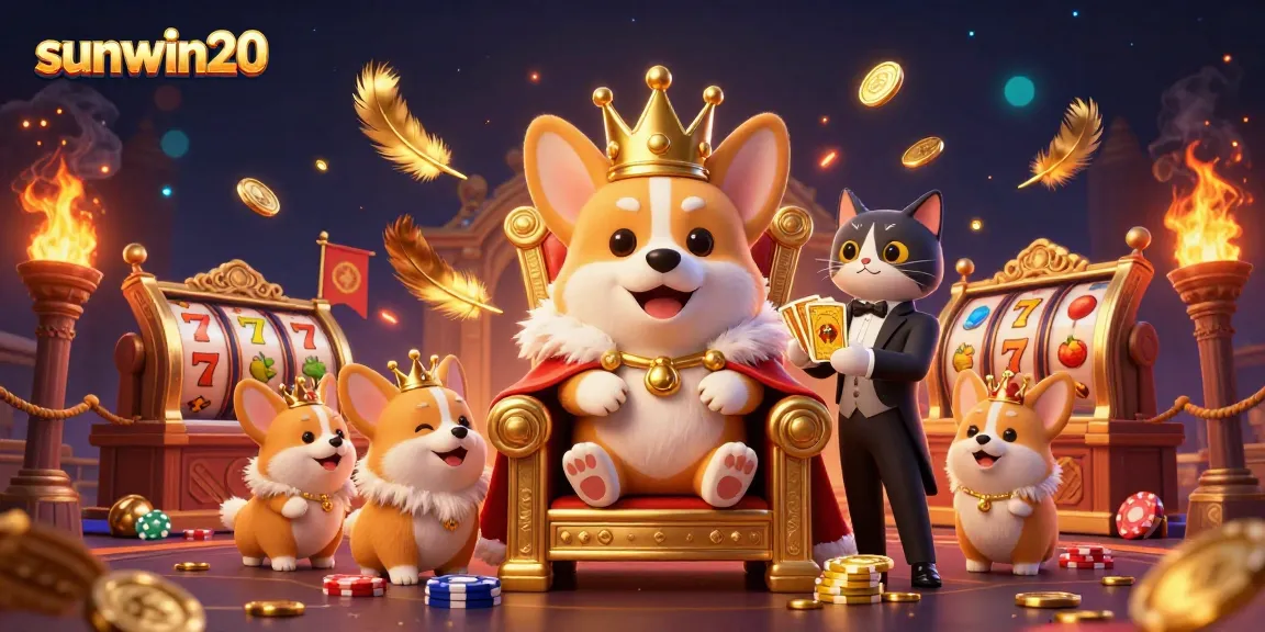 Experience the excitement of sunwin20 with a royal corgi and dynamic casino scene.