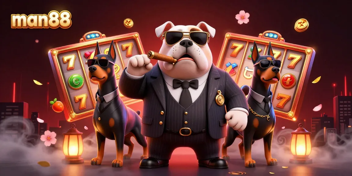Engage with man88 casino excitement featuring a mafia boss and Doberman bodyguards surrounded by vibrant slot elements.