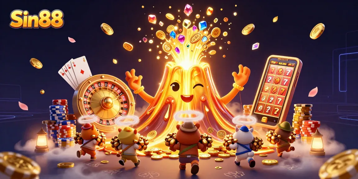 Experience thrilling gameplay at Sin88 with a triumphant golden volcano and cascading coins.