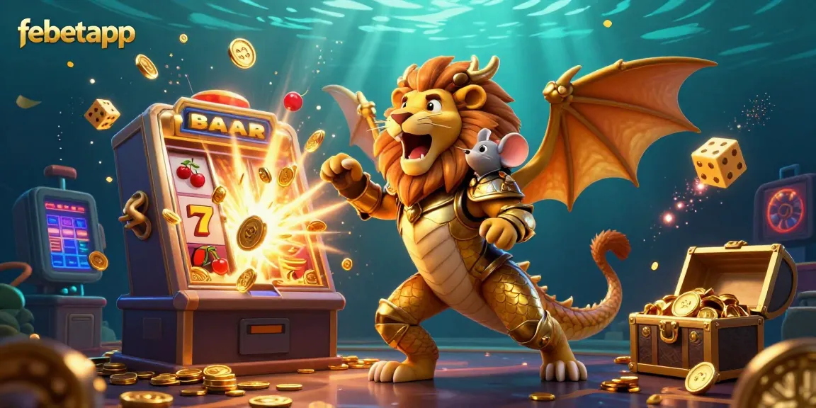Experience the thrill of gameplay with febetapp's interactive 3D casino illustration, showcasing a golden armored chimera and dynamic slot machine.