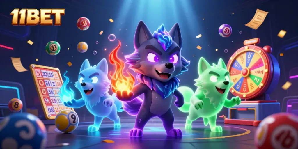 Engage in thrilling gameplay at 11BET with lively illustrations of lottery games and casino excitement.