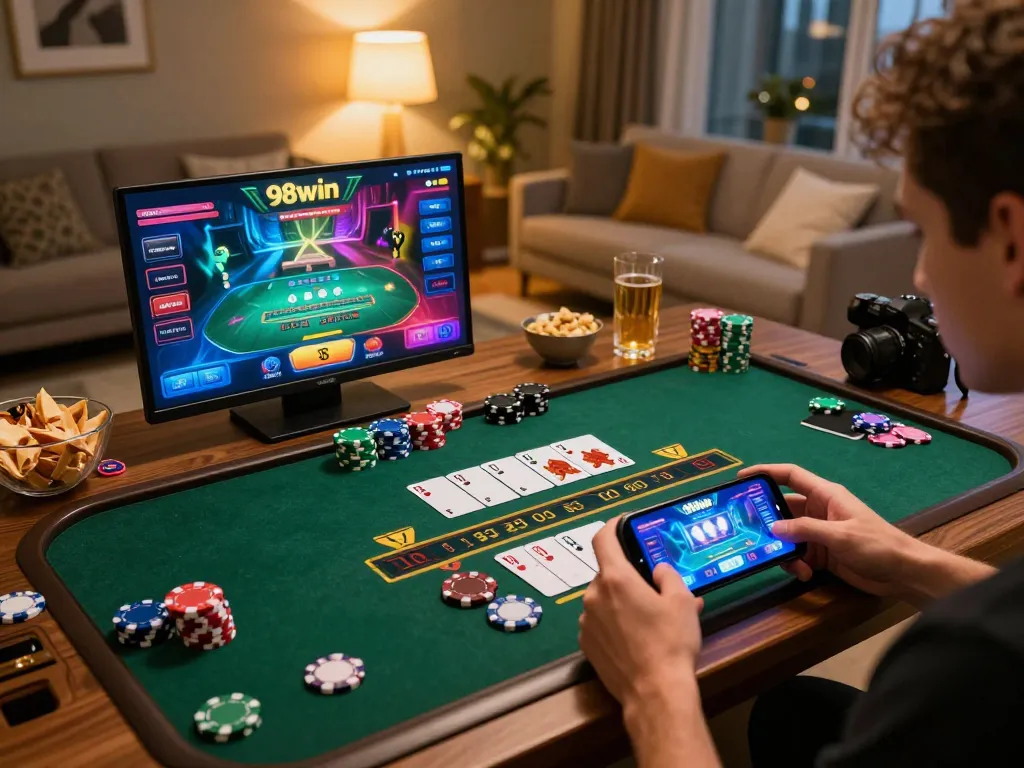 Play blackjack online at 98win with a smartphone in a cozy home setting.