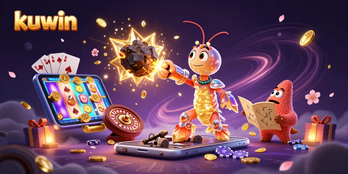 Kuwin's thrilling universe comes alive as the mantis shrimp shatters an asteroid, revealing treasures in a vibrant, dynamic casino setting.