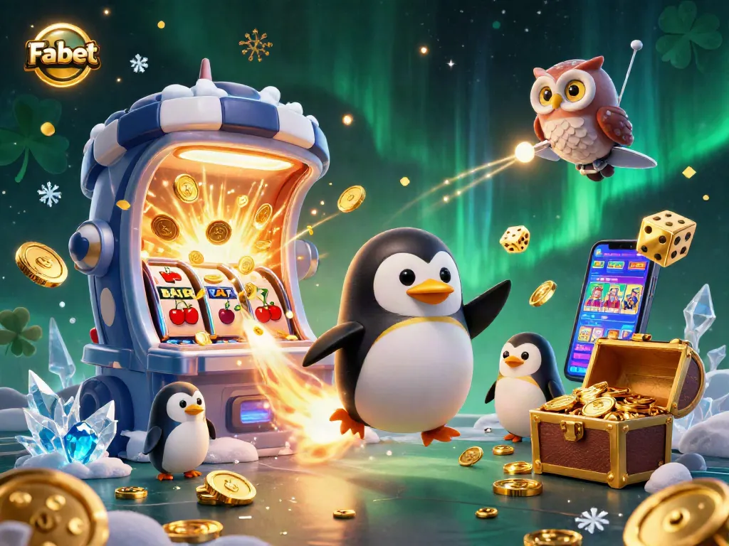 Fabet's exciting 3D illustration features a golden penguin and vibrant casino elements surrounding a jackpot explosion.