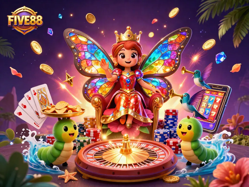 Play and win big with FIVE88 at this dynamic casino scene featuring a butterfly queen.