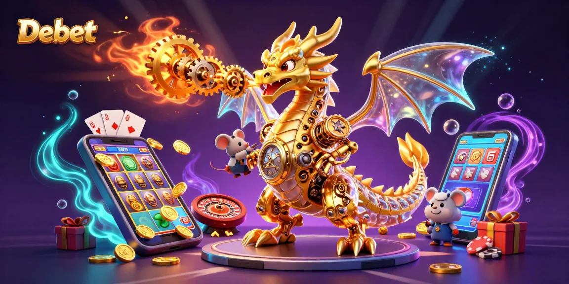 Experience the excitement of Debet casino games featuring a golden dragon, slots, and vibrant gaming elements.