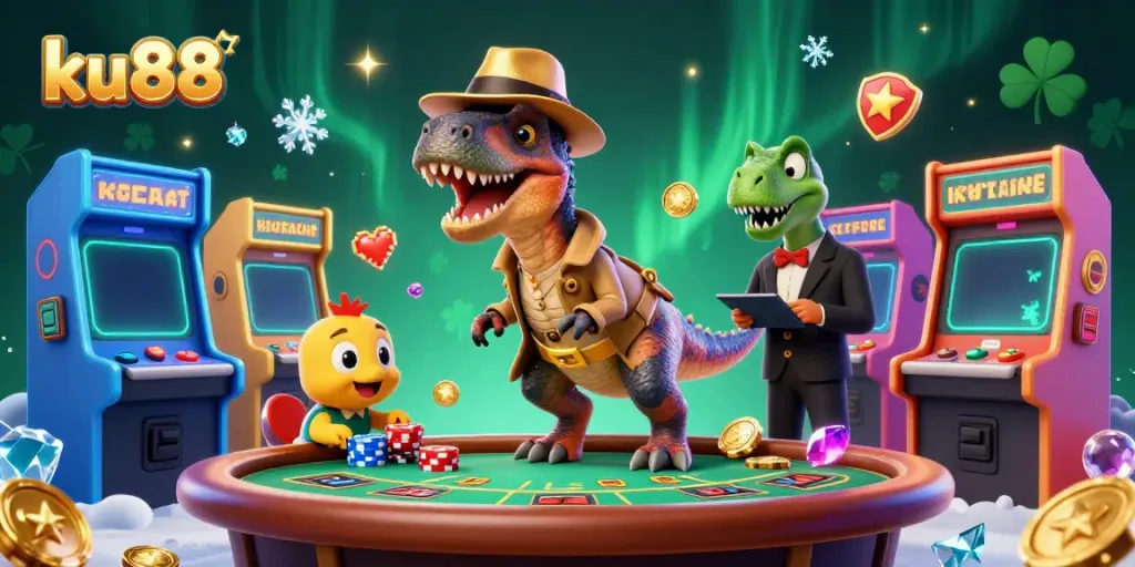ku88 themed illustration depicting a velociraptor card counter, a suspicious stegosaurus pit boss, and a compy pickpocket in an exciting casino scene.