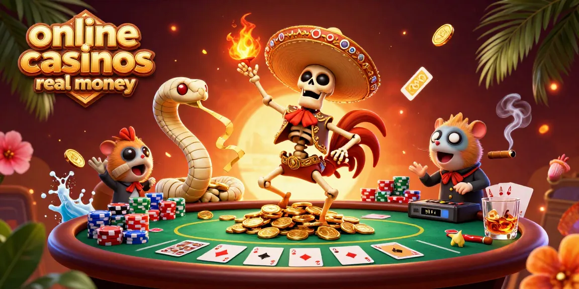 Experience vibrant online casinos real money with animated characters and poker elements.