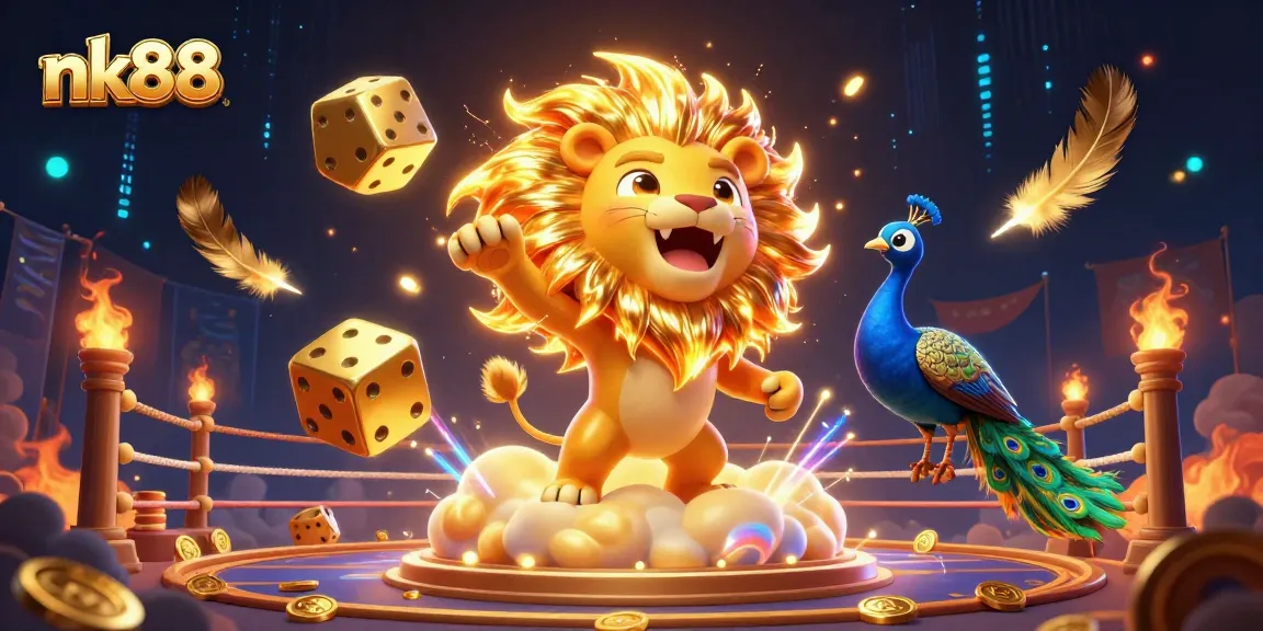 Engage with nk88, where a sun lion roars among golden coins and dice in a rich casino landscape.