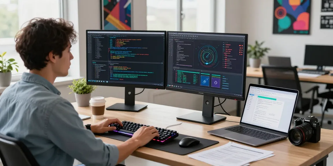 快连 network optimization software development setup showcasing dual monitors with code in a modern office environment