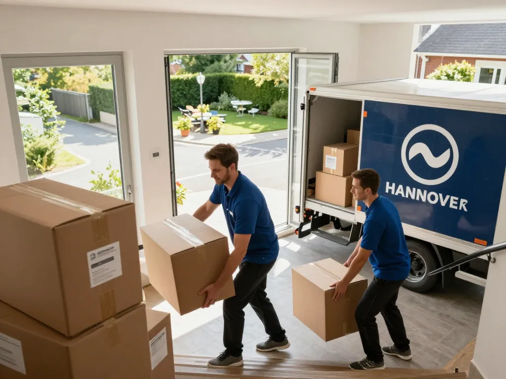 Effiziente Umzugshelfer von umzugsunternehmen Hannover, die fachgerecht Kisten während eines Umzugs behandeln.