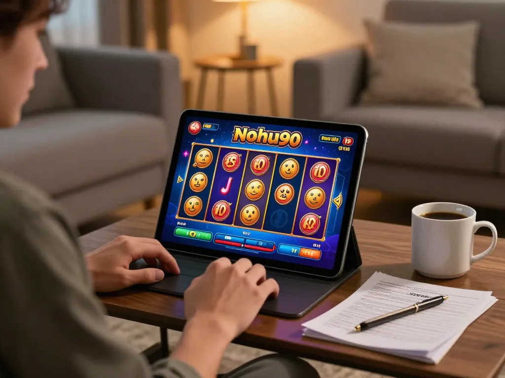 Nohu90 player enjoying a slot game on a tablet in a cozy home setting, capturing the online gambling experience