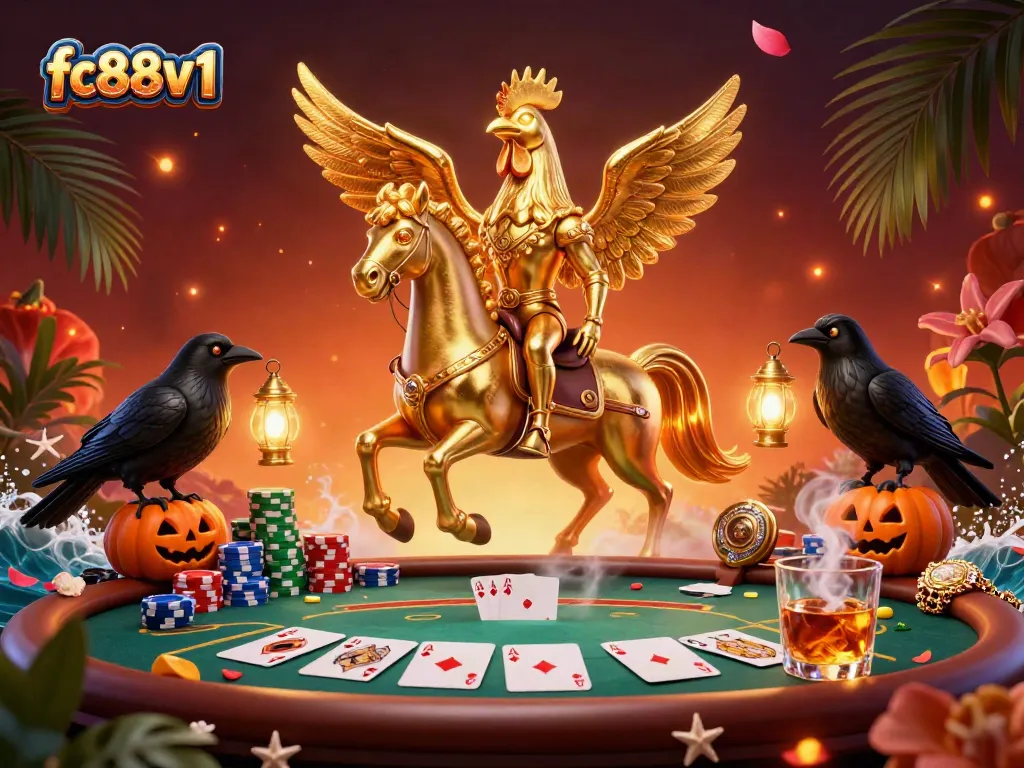 Experience the excitement at fc88v1 with a golden rooster navigating a midnight casino scene, poker tables and vibrant colors all around.