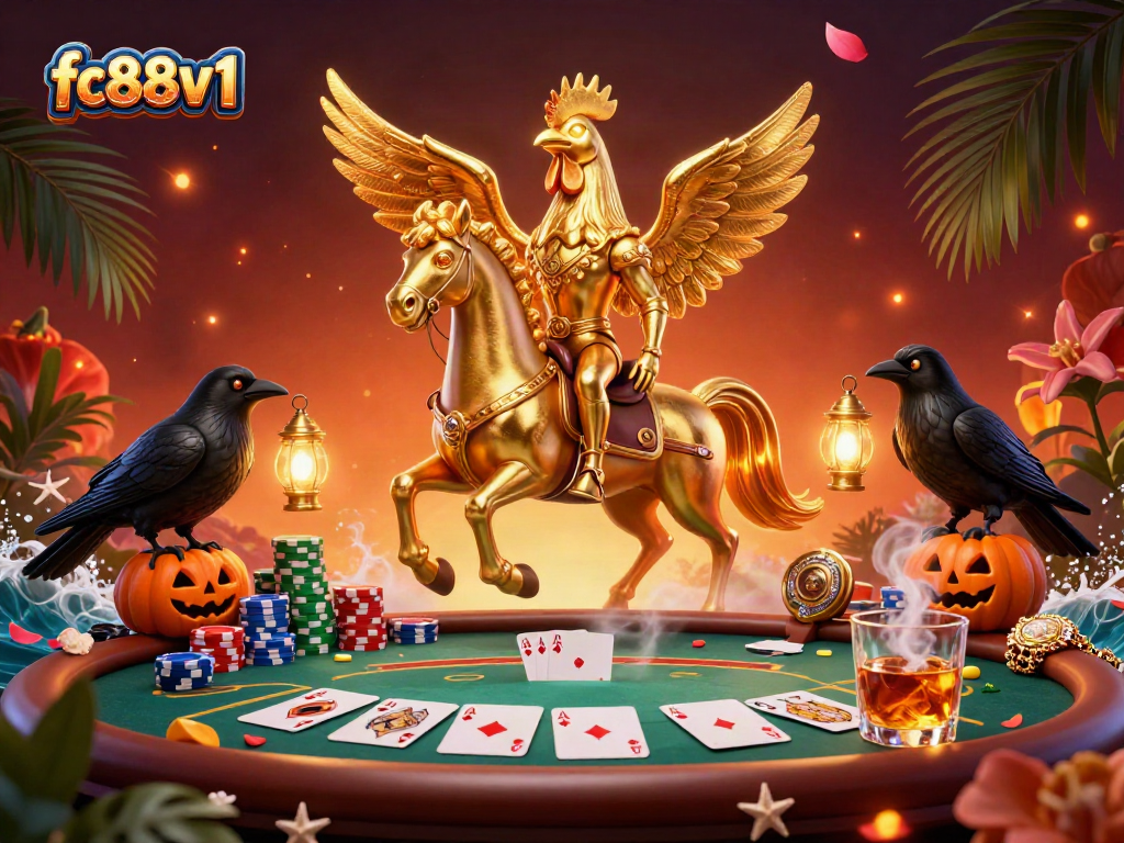 Experience the excitement at fc88v1 with a golden rooster navigating a midnight casino scene, poker tables and vibrant colors all around.