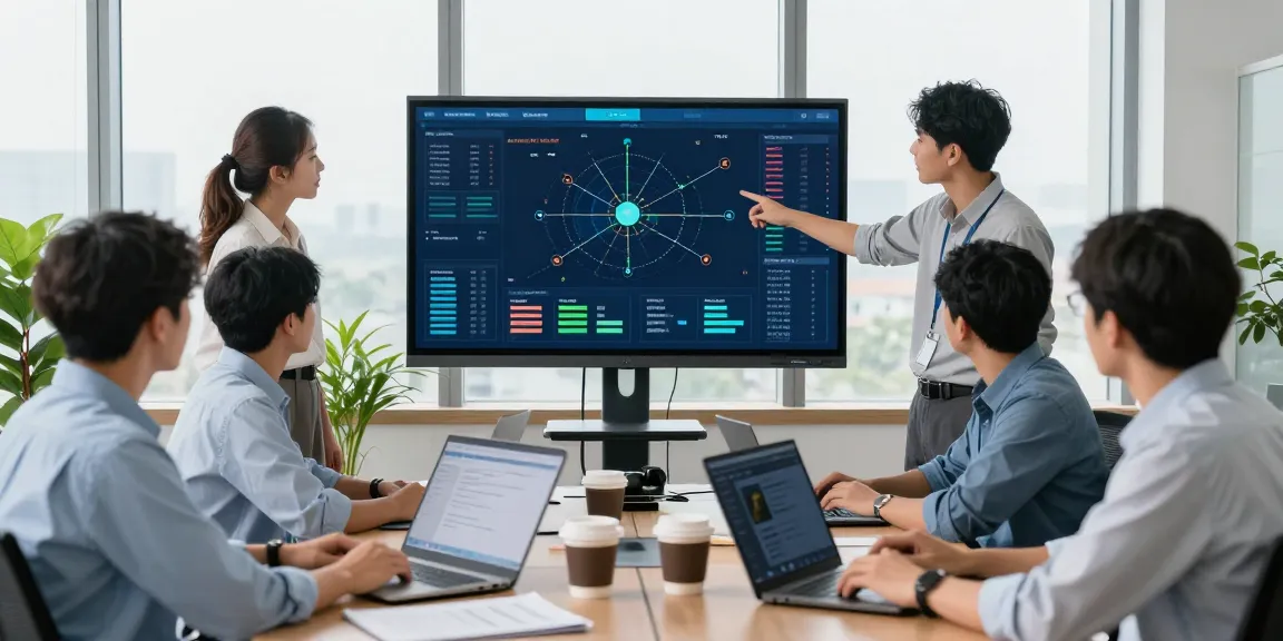 IT support for business team collaborating with network monitoring technology in a modern office.