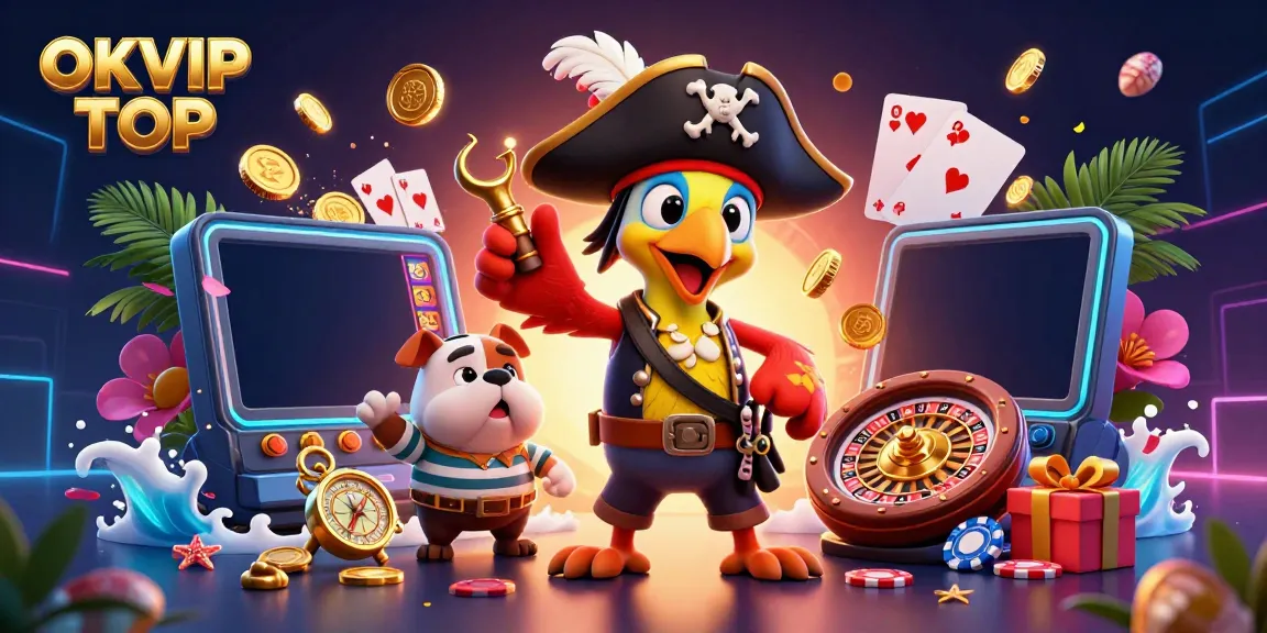 Engage with OKVIP TOP's thrilling online gambling scene featuring dynamic 3D characters and casino elements.