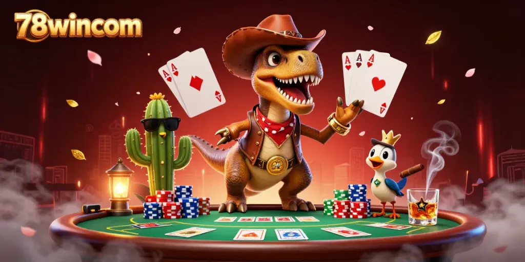 Engage in thrilling poker action at 78wincom with vibrant characters and dynamic gameplay elements in a lively casino scene.