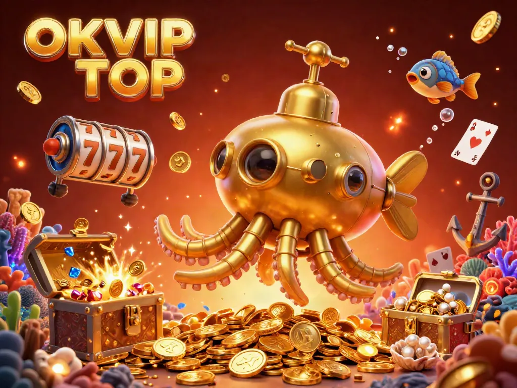 Join the excitement at OKVIP TOP with a vibrant 3D scene featuring a golden kraken submarine and mechanical fish amidst casino treasures.