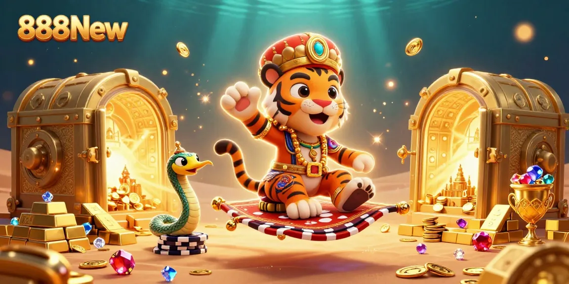 Experience thrilling wins at 888New with rich treasures and interactive game elements in a vibrant casino scene.