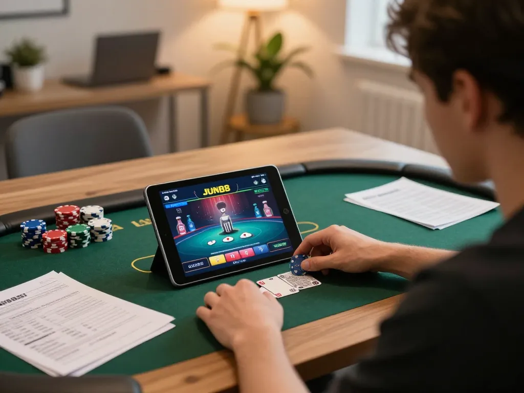 Engage in high-stakes online poker with Jun88 phiên bản 1 on tablet at home