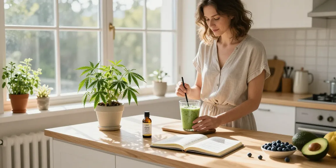 Ministry of Cannabis CBD oil bottle alongside fresh smoothie preparation in a bright kitchen.