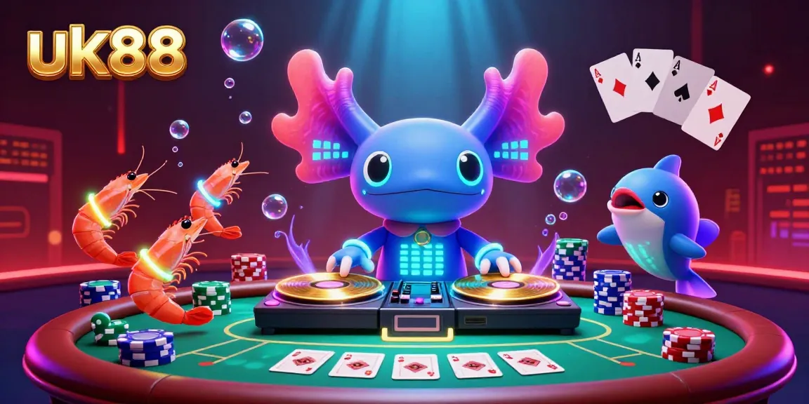 Experience thrilling gameplay at uk88 with a vibrant casino scene showcasing a neon axolotl DJ and poker elements.