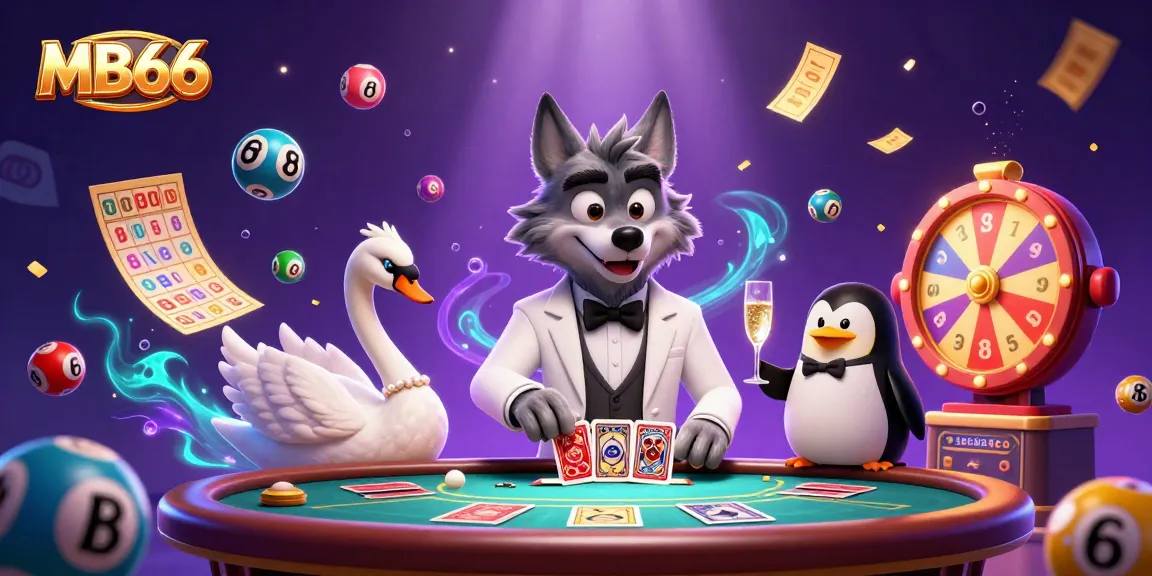 Experience thrilling wins at MB66 with a debonair wolf, elegant swan, and penguin sommelier in a vibrant 3D casino.