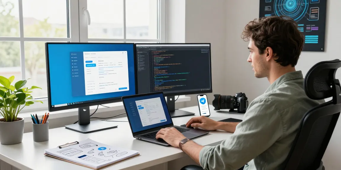 Developer using Telegram下载 on dual monitors in a modern workspace, reflecting a productive tech environment.