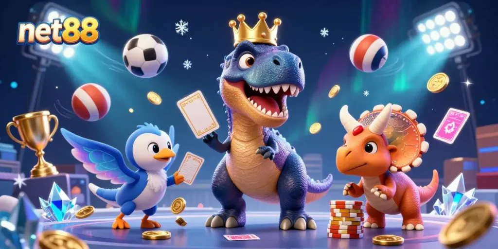 Experience thrilling gameplay at net88 with friendly dino characters and vibrant sports elements.