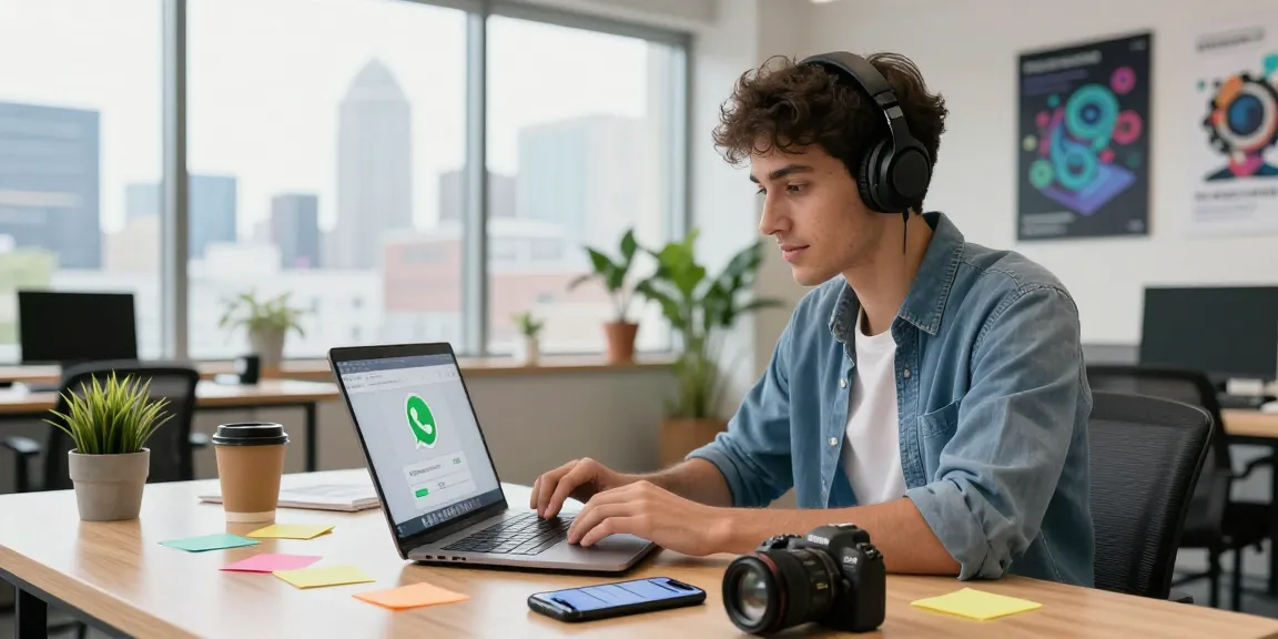 Using WhatsApp網頁版 on a laptop in a modern workspace with coffee and notifications