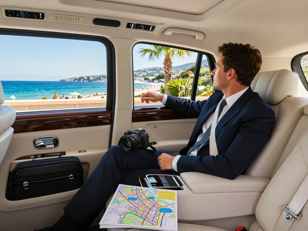 Course de taxi de luxe à Saint-Tropez mettant en valeur un véhicule confortable avec des vues pittoresques, soulignant le service de Taxi St Tropez.