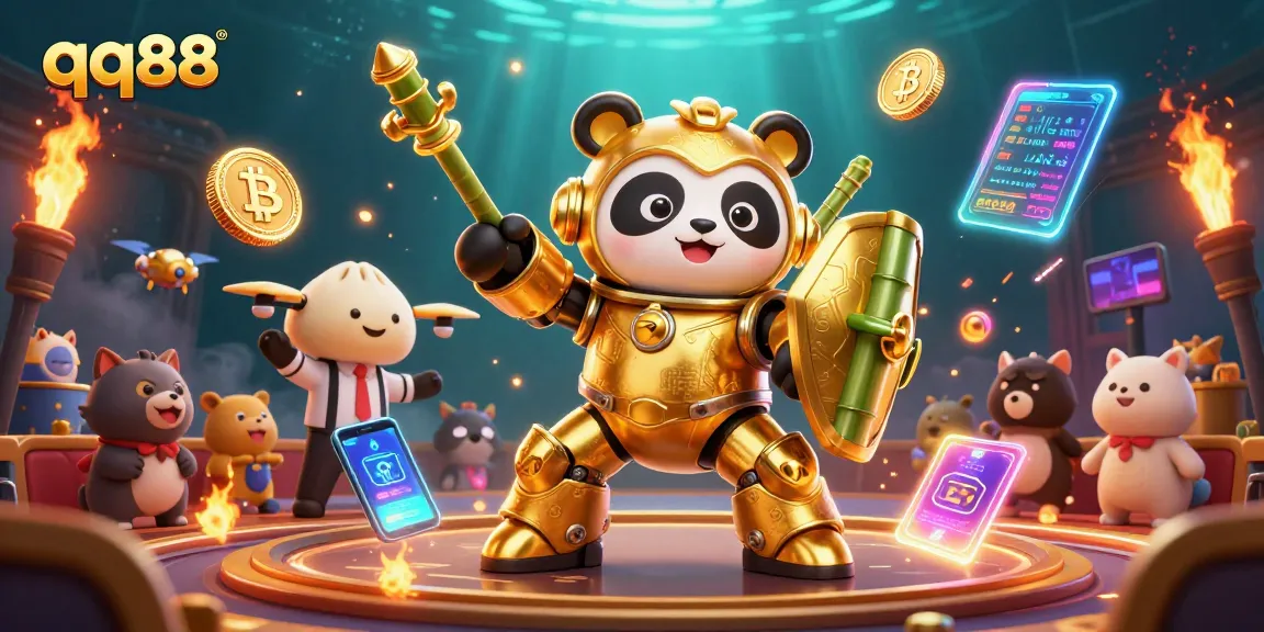 Engage with qq88 in a vibrant casino scene filled with dynamic 3D characters and cryptocurrency elements.