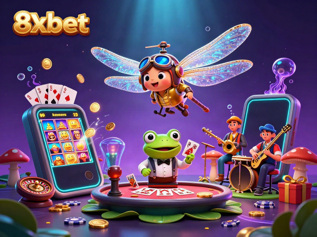 Experience vibrant casino action with 8xbet's cartoon dragonfly pilot and frog croupier.
