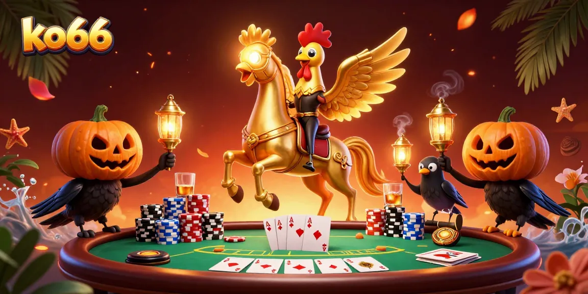 Win big with ko66 in a vibrant casino scene featuring a golden rooster and crow lanterns.