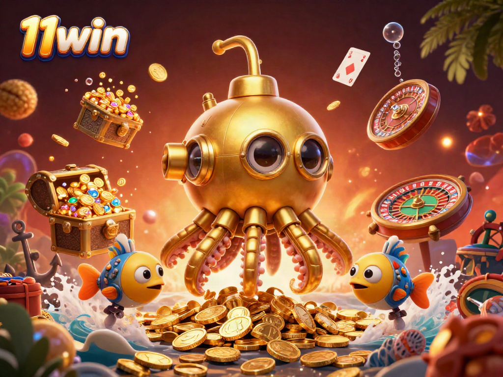 Engage with thrilling 11win casino adventures as a mechanical kraken submarine captivates amidst golden treasures.