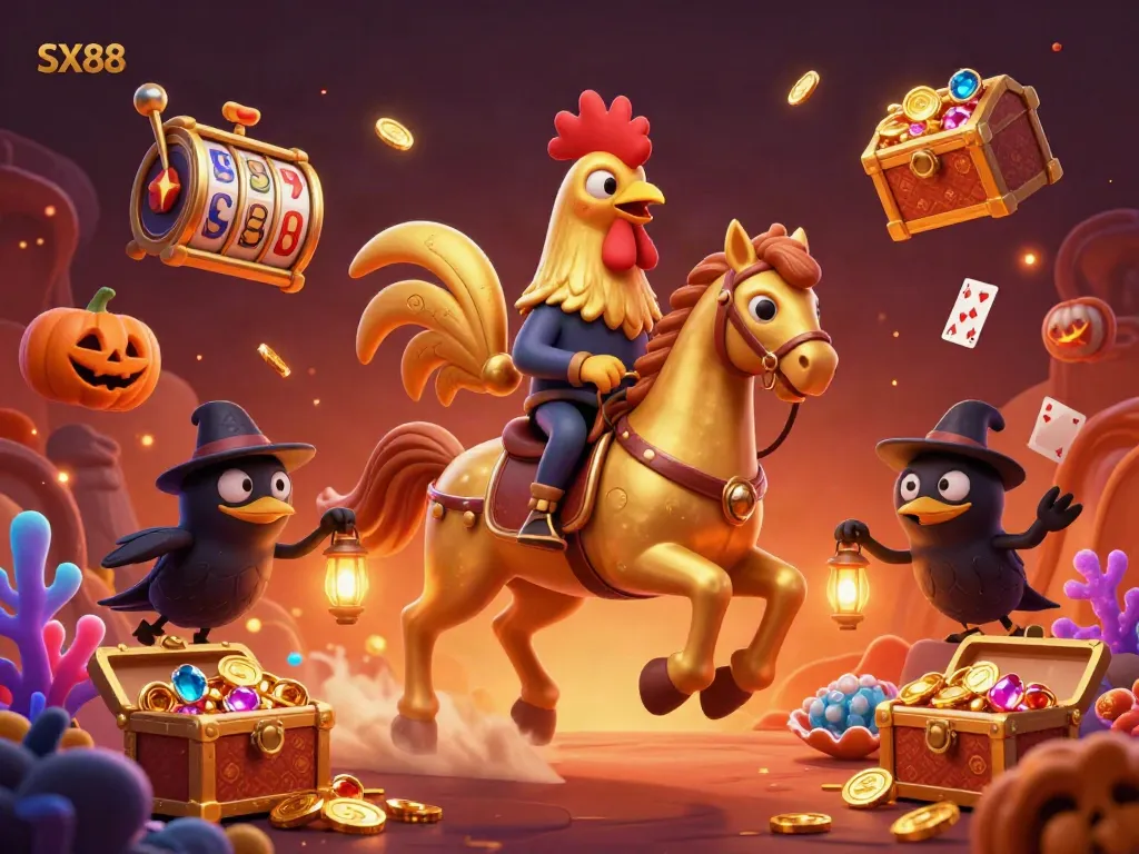 SX88 offers an epic gaming experience, featuring a golden rooster in a vibrant casino filled with jackpot treasures.