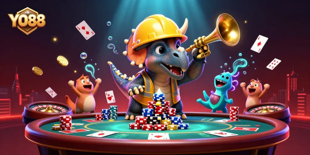 Experience winning at YO88 with joyful characters celebrating around poker chips and game action.