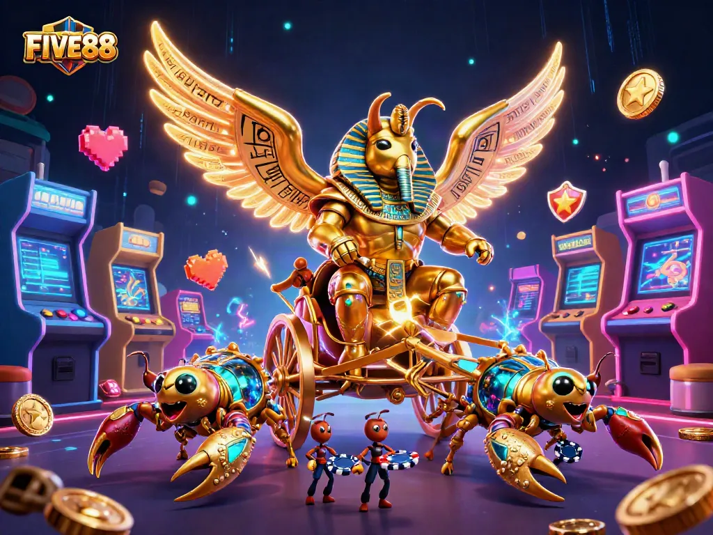 Engage with dynamic casino action featuring FIVE88's enchanting golden beetle and scorpions.