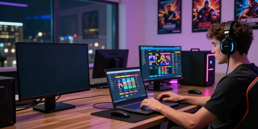 Engaging online gaming scene showcasing a user on https://ta88.network/ with vibrant colors and gaming interfaces.