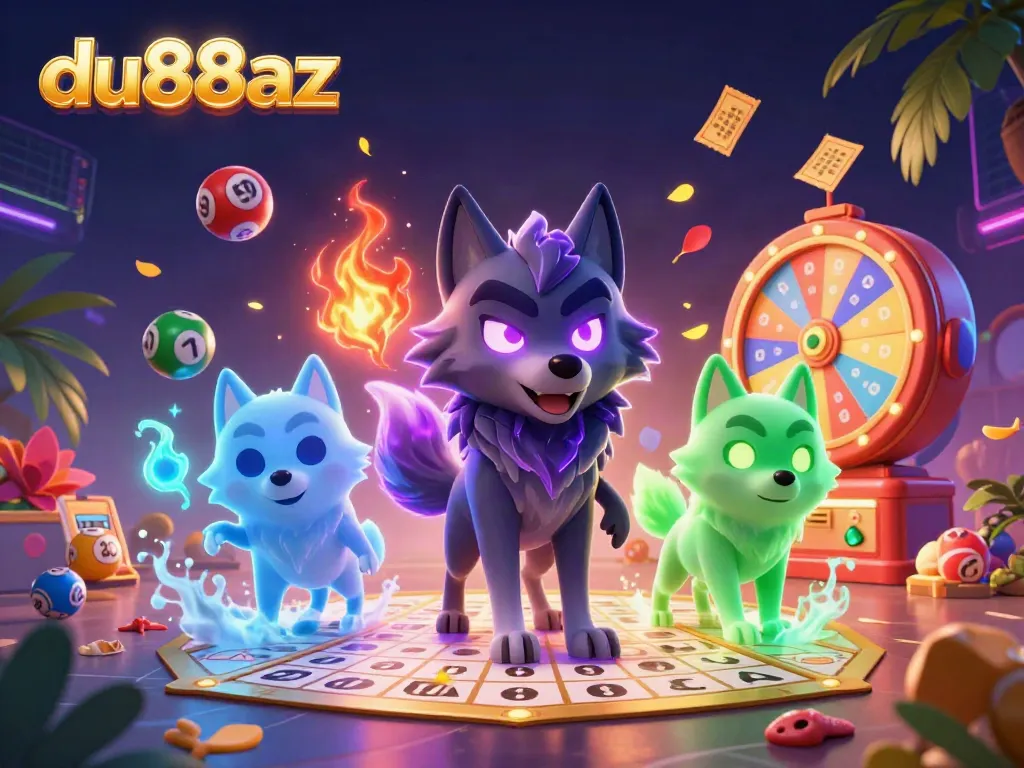 Engage with du88az's dynamic gaming experience featuring ghostly wolves and vibrant lottery elements.