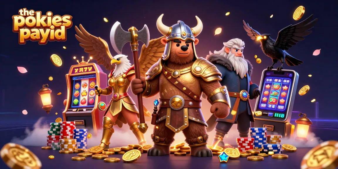 The pokies payid slot machine scene with a Viking bear, Valkyrie eagle, and golden coins