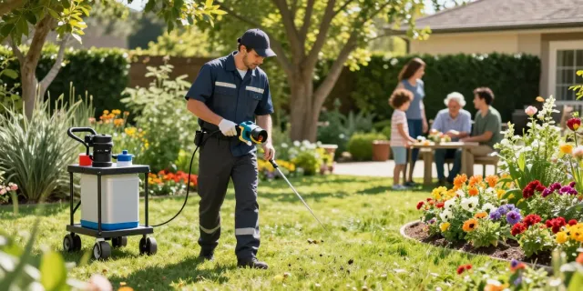 Pest control technician inspecting a thriving garden to ensure a pest-free environment.